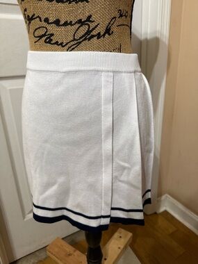 White Knit A-Line Skirt with Navy Trim
